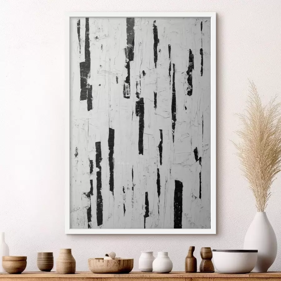 fotószőnyeg Absztrakt kompozíció fekete függőleges ecsetvonásokkal fehér háttérrel, olajfestmény stílusban f46956