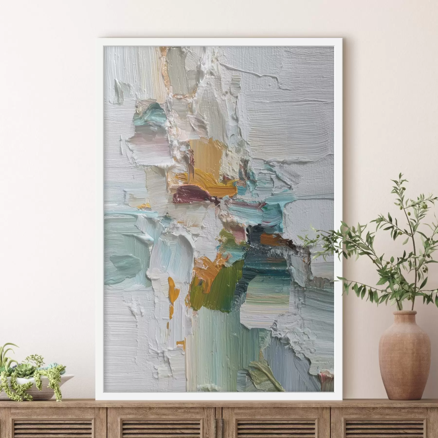 fotószőnyeg Ölajzfestmény stílusú kompozíció türkiz és narancssárga akcentussal f46958