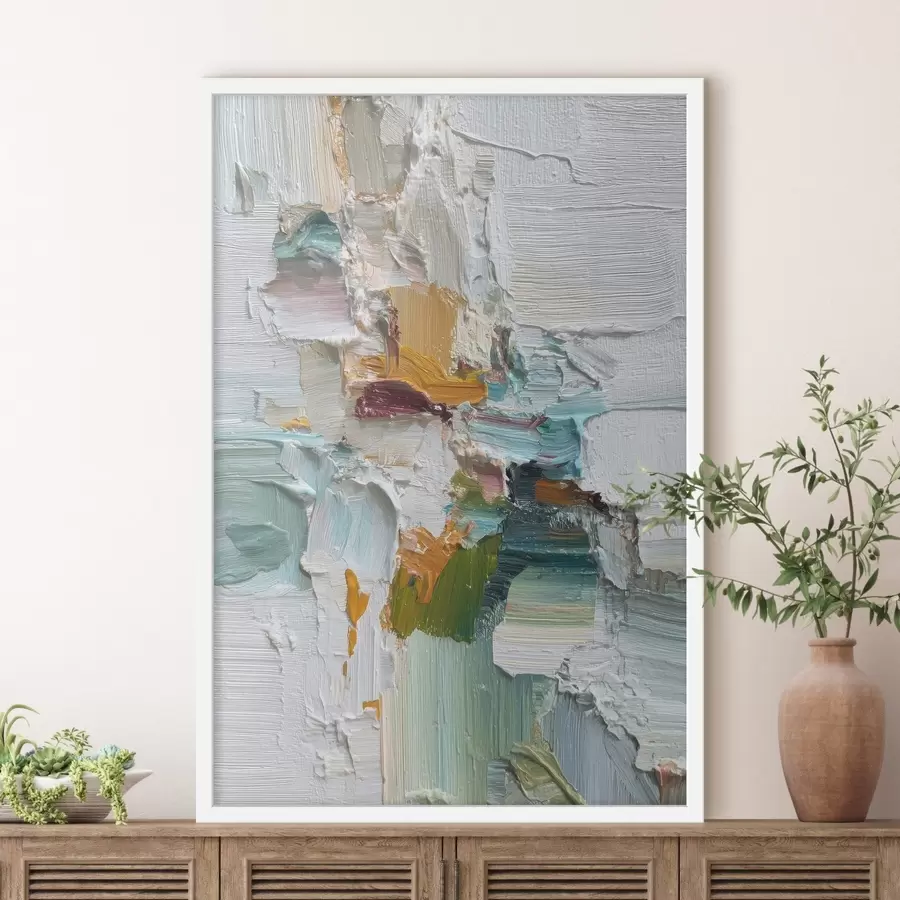 fotószőnyeg Ölajzfestmény stílusú kompozíció türkiz és narancssárga akcentussal f46958