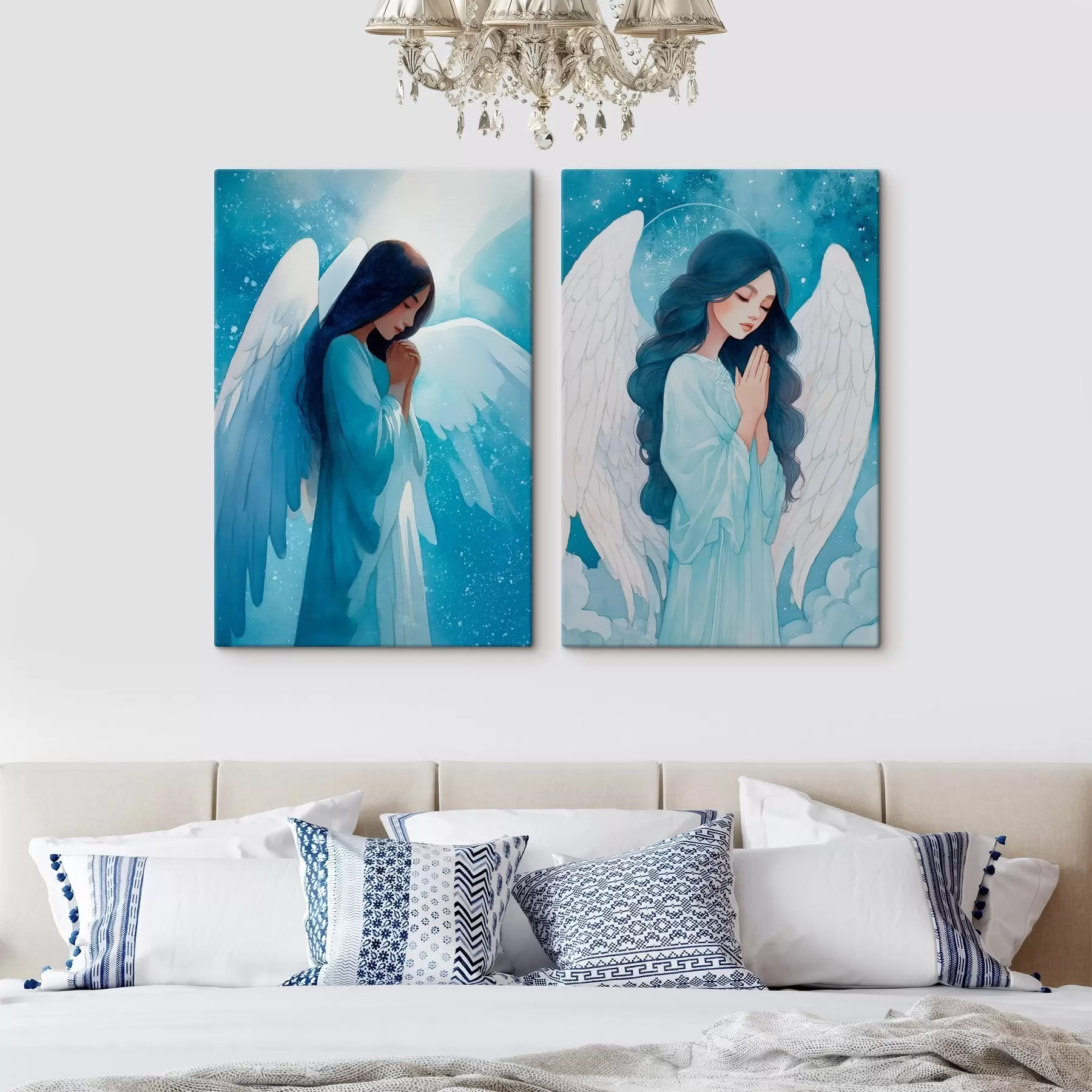 fotótapéta Modern szent művészet akvarell stílusban, kék ruhás őrangyal ábrázolásával m01153