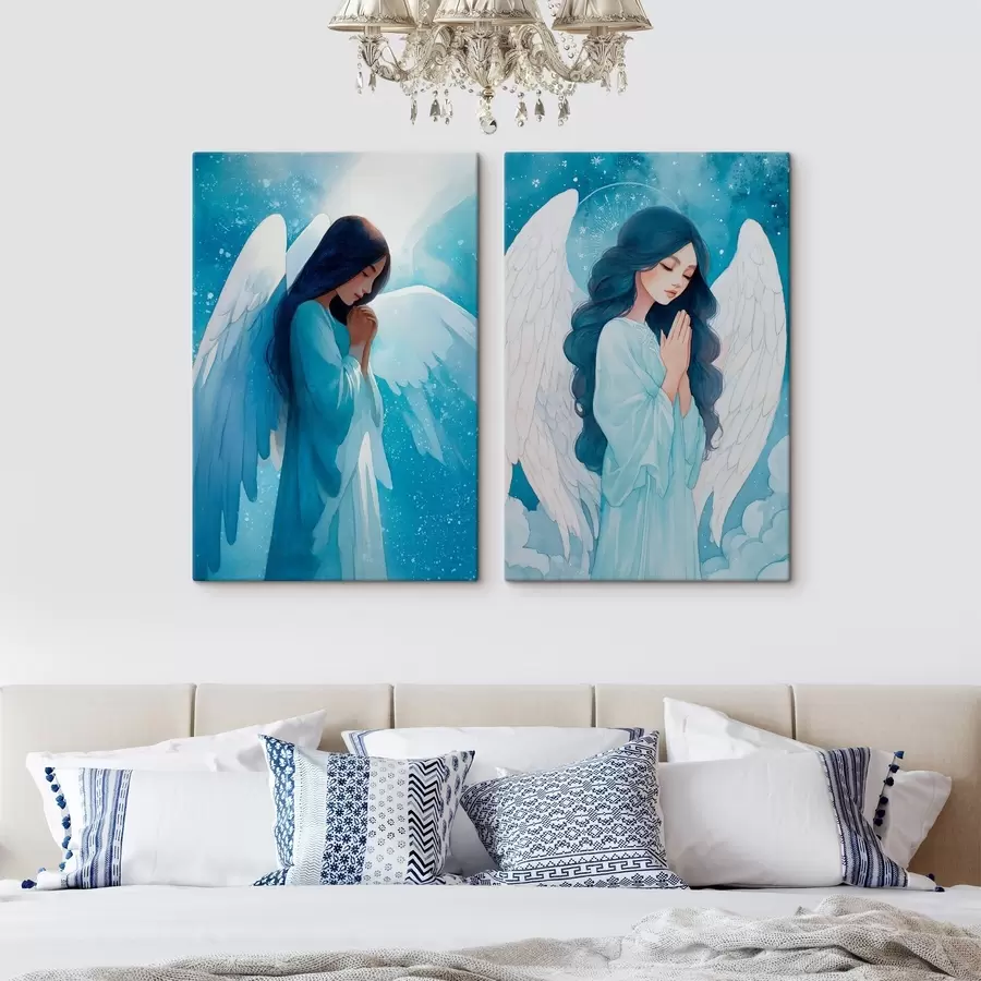 fotótapéta Modern szent művészet akvarell stílusban, kék ruhás őrangyal ábrázolásával m01153