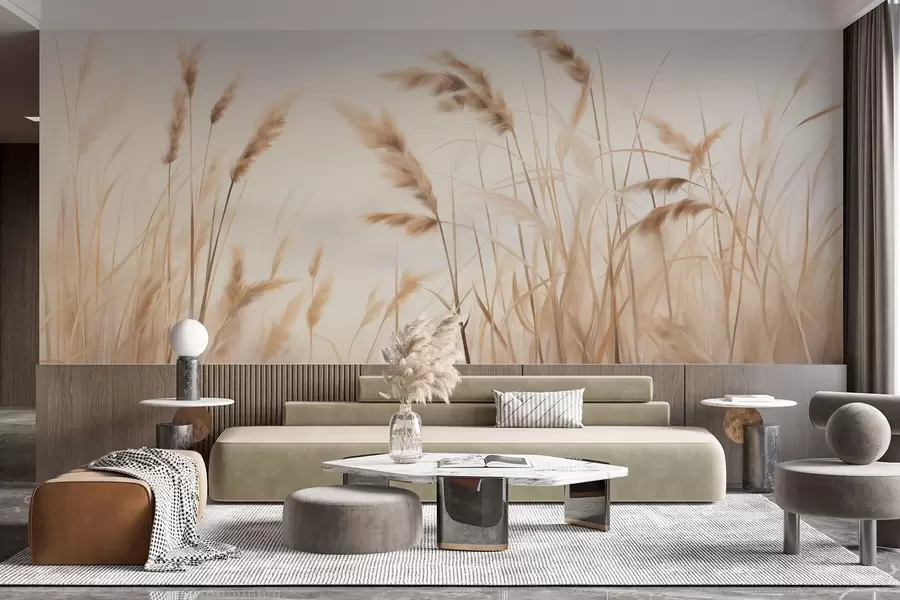 fotószőnyeg Magas, texturált száraz fű búzakalászokkal a mezőn, lágy, halvány háttér előtt w09648