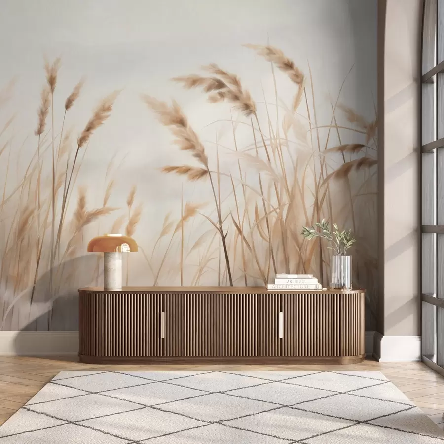 fotószőnyeg Magas, texturált száraz fű búzakalászokkal a mezőn, lágy, halvány háttér előtt w09648