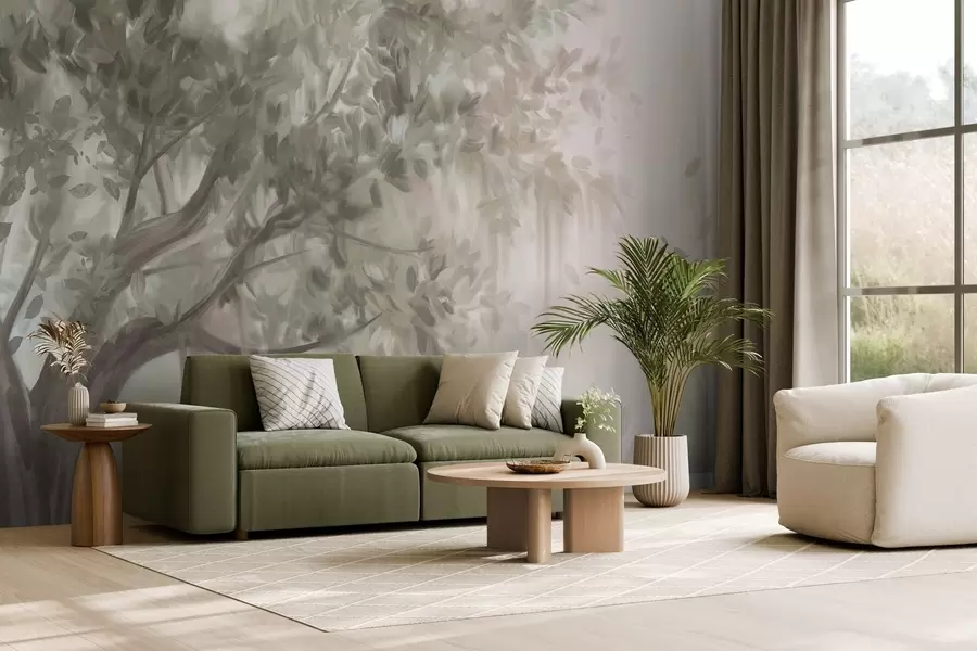 fotószőnyeg Texturált fa világoszöld levelekkel és ágakkal, lágy, homályos háttérrel w09650