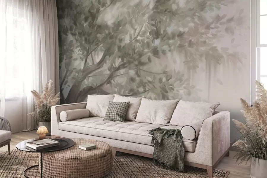 fotószőnyeg Texturált fa világoszöld levelekkel és ágakkal, lágy, homályos háttérrel w09650