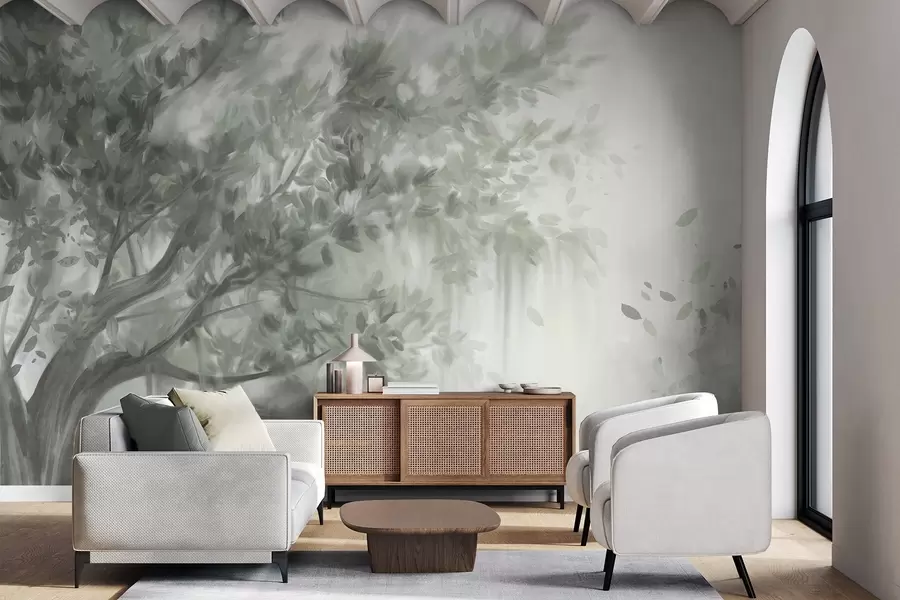 fotószőnyeg Texturált fa zöld levelekkel és ágakkal, lágy, homályos háttérrel w09650v1