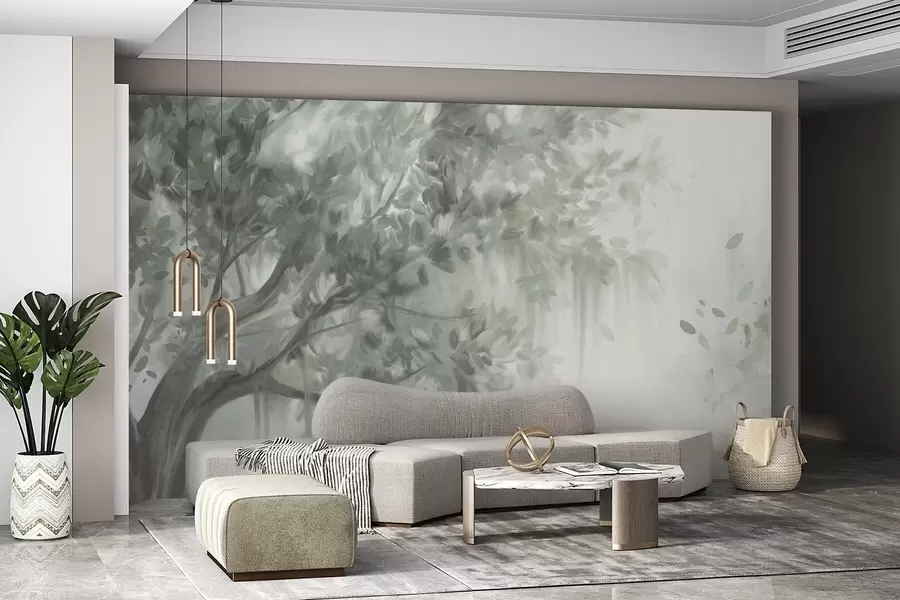 fotószőnyeg Texturált fa zöld levelekkel és ágakkal, lágy, homályos háttérrel w09650v1