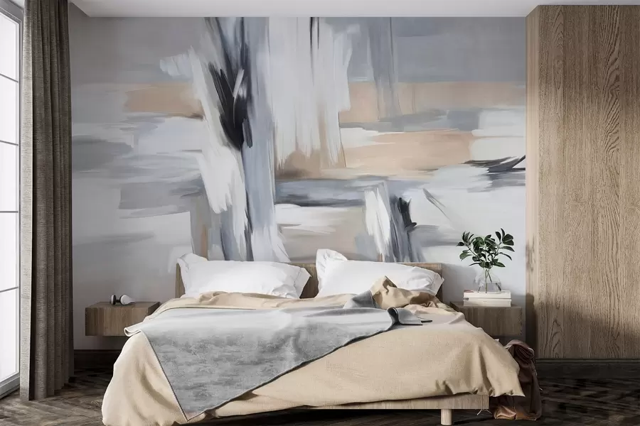 fotószőnyeg Absztrakt textúrájú festészeti stílus, fehér, szürke és bézs árnyalatú ecsetvonásokkal w09651