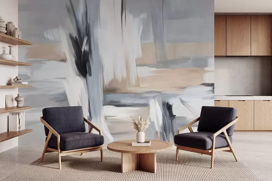 fotószőnyeg Absztrakt textúrájú festészeti stílus, fehér, szürke és bézs árnyalatú ecsetvonásokkal w09651