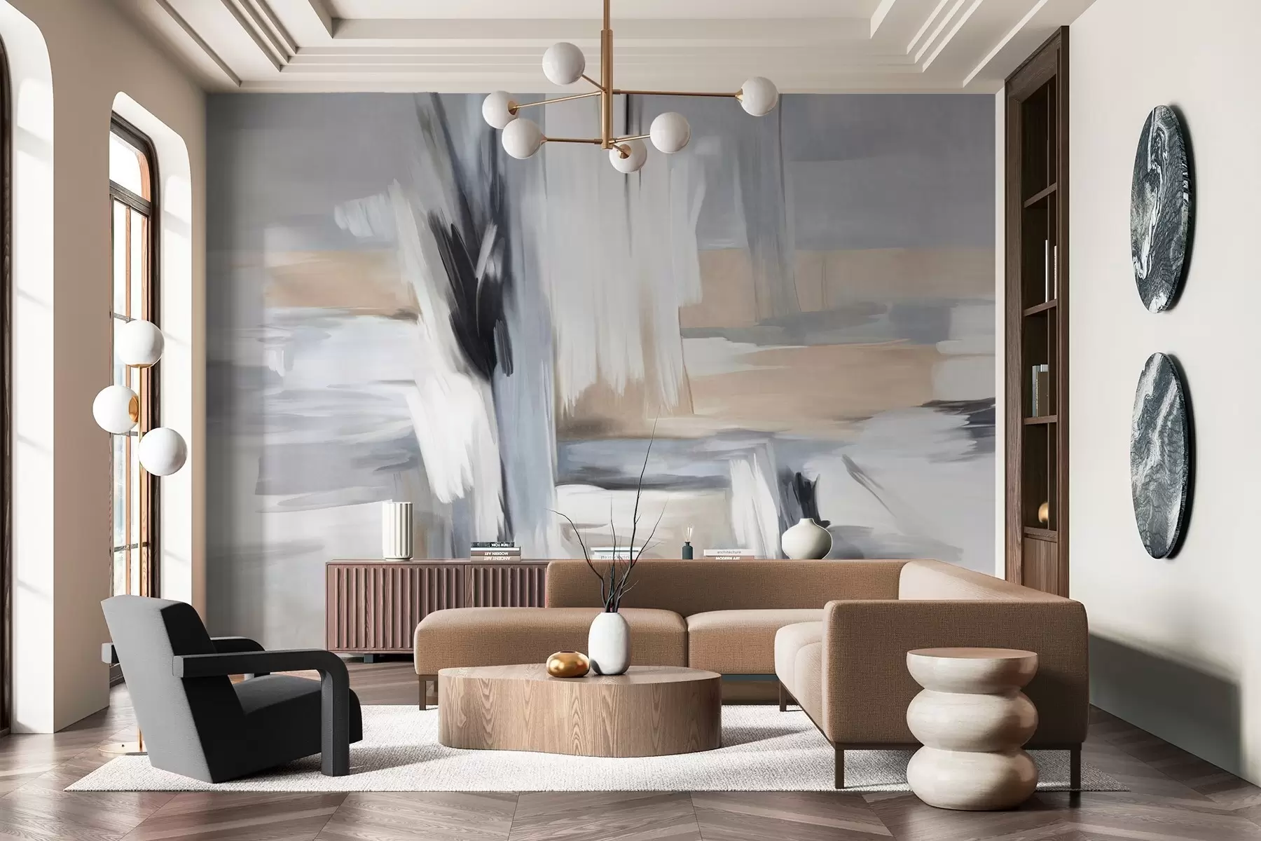 fotószőnyeg Absztrakt textúrájú festészeti stílus, fehér, szürke és bézs árnyalatú ecsetvonásokkal w09651