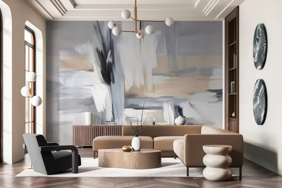 fotószőnyeg Absztrakt textúrájú festészeti stílus, fehér, szürke és bézs árnyalatú ecsetvonásokkal w09651