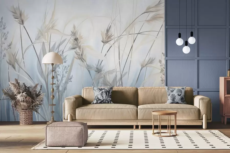 fotószőnyeg Magas, száraz fűszálak, tollas csúcsokkal, tompított színekkel, puha, ködös kék és fehér háttérrel. w09652