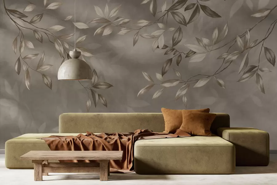 fotószőnyeg Finom, bézs színű, leveles ágak világos háttér előtt w05113v2