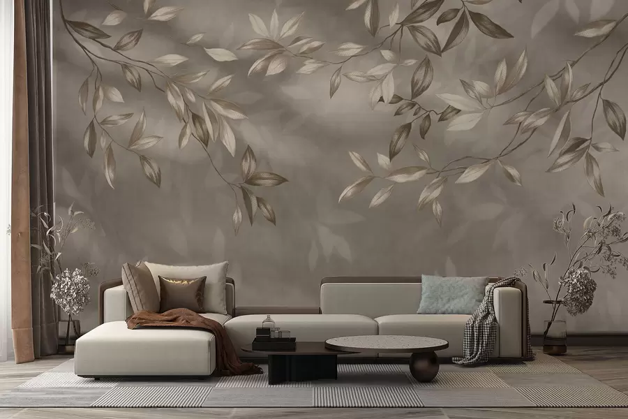 fotószőnyeg Finom, bézs színű, leveles ágak világos háttér előtt w05113v2