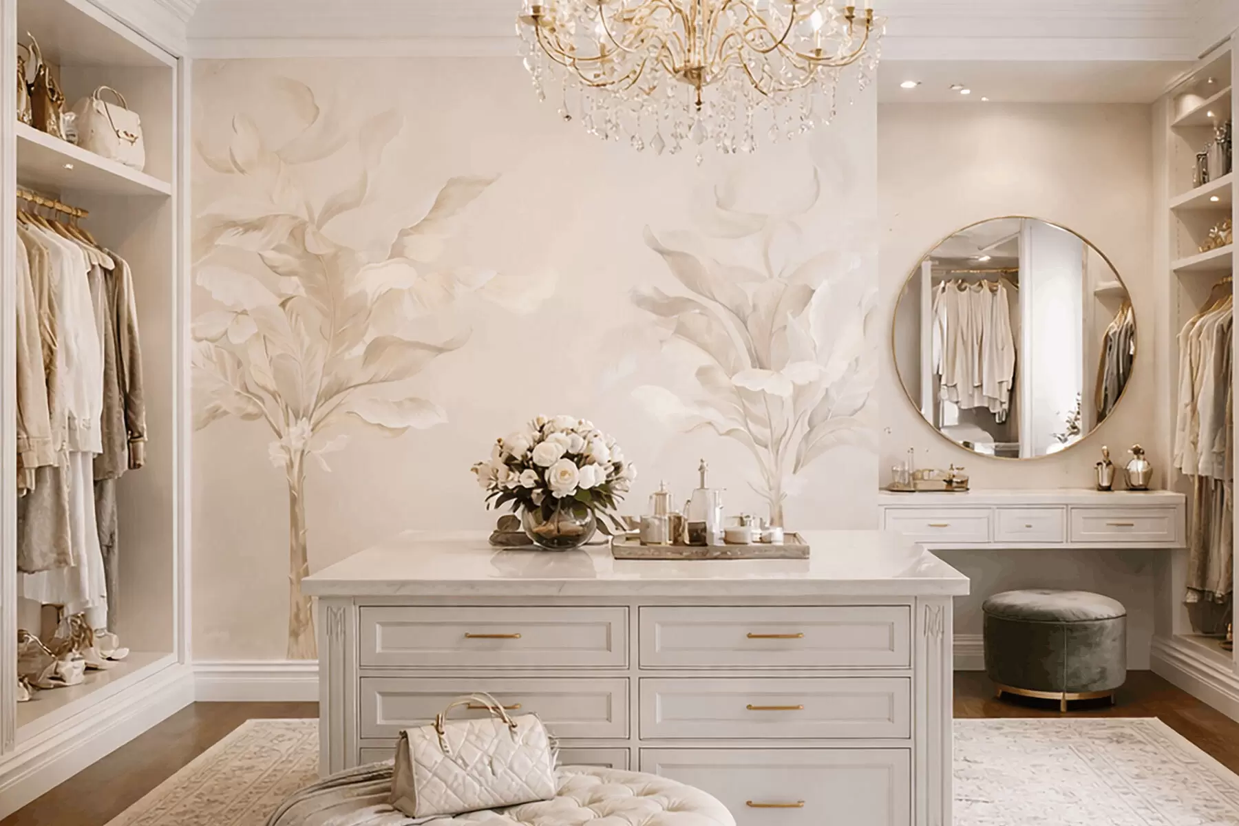 fotószőnyeg Légies dekoratív növények meleg krémes árnyalatokban w05126