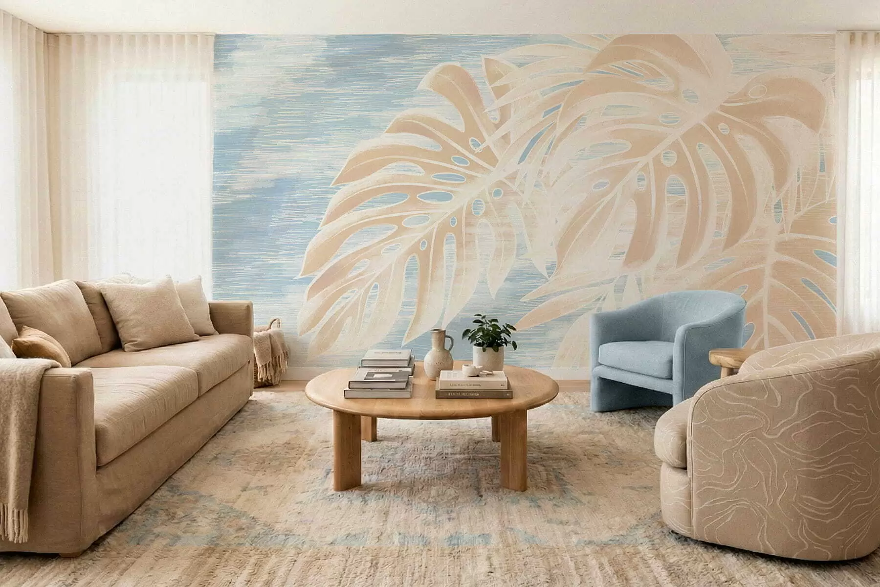 fotószőnyeg Absztrakt levelek meleg bézs árnyalatokban világos háttér előtt w05130