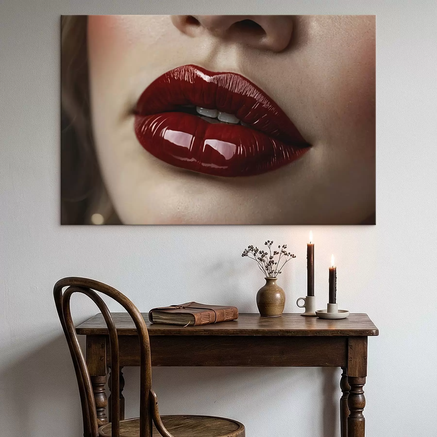 fotótapéta Nagyon közeli felvétel fényes vörös ajkakról s47772