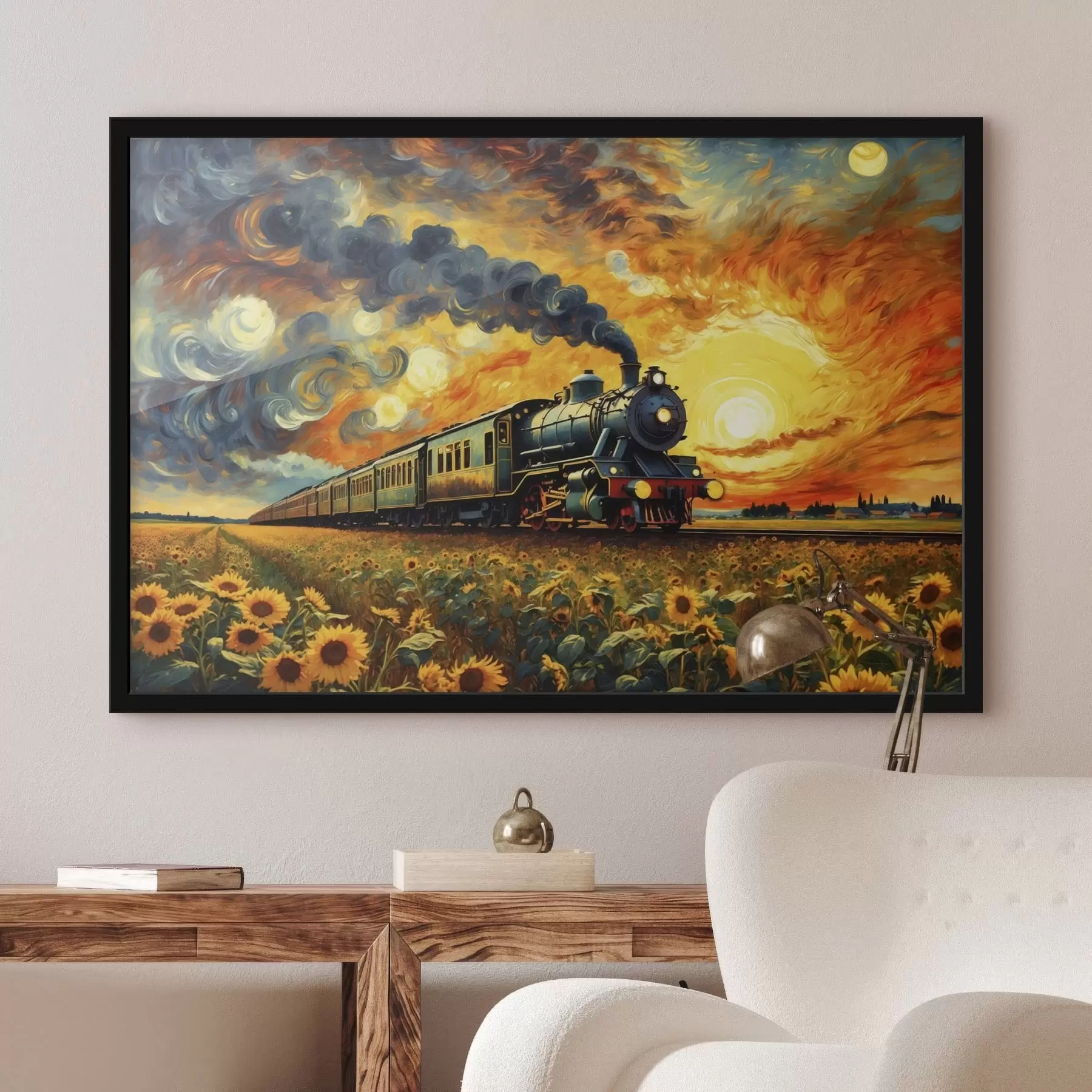 fotószőnyeg Gőzmozdony egy mezőn, drámai égbolttal f47257