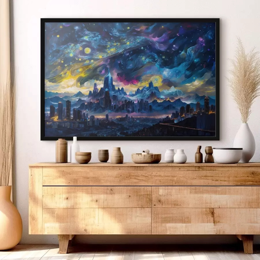 fotószőnyeg Fantasy város ragyogó éjszakai égbolt alatt f47288