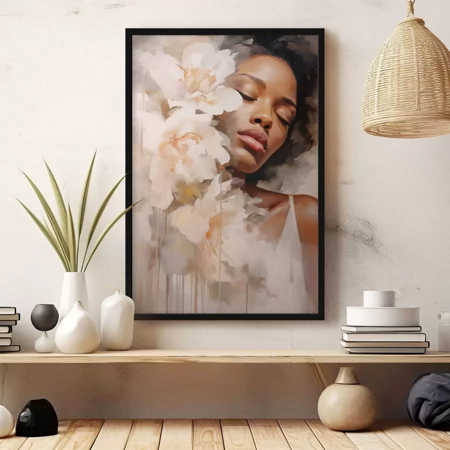 fotószőnyeg Női portré nagy virágok mellett f47307