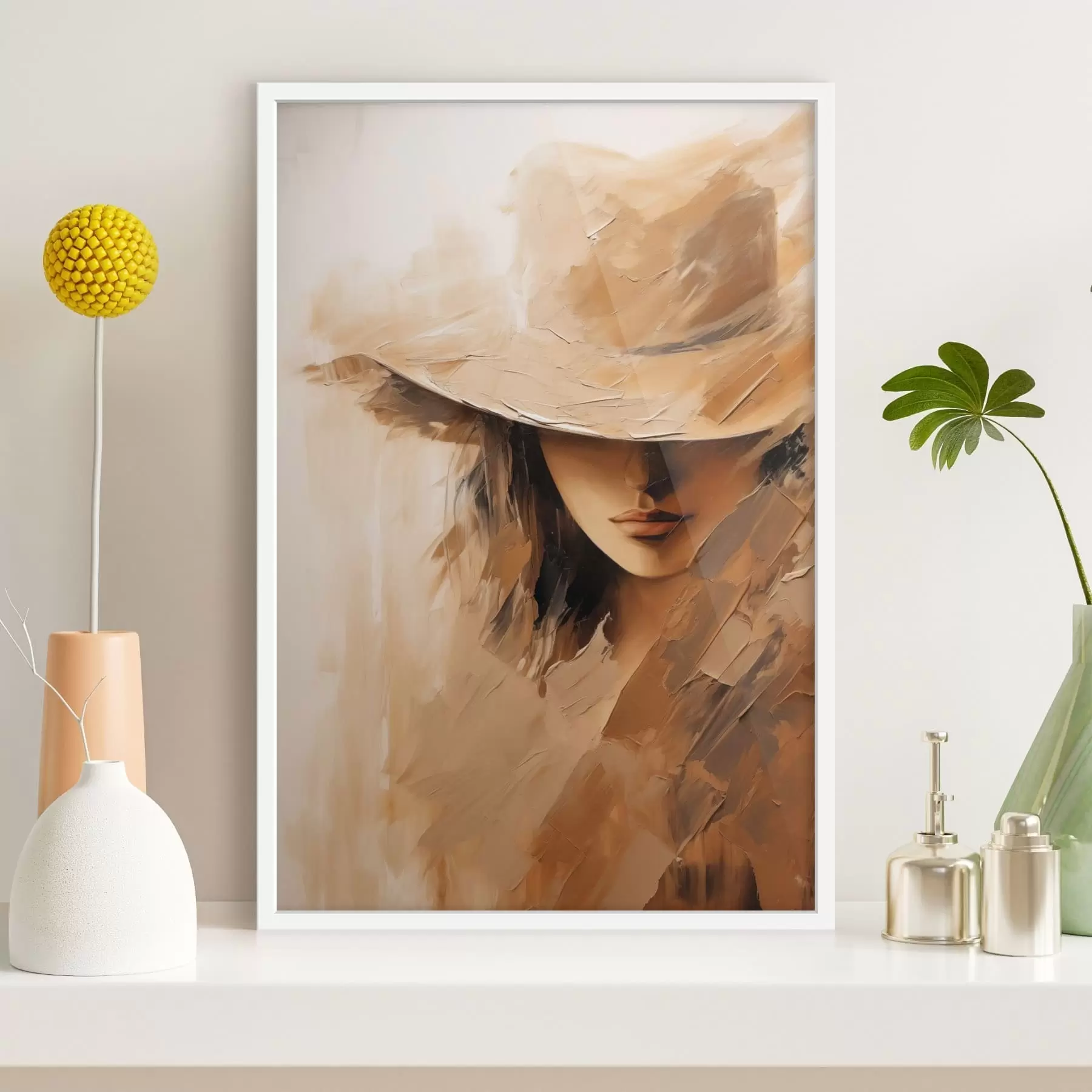 fotószőnyeg Kalapos nő texturált, meleg ecsetvonásokkal f47315