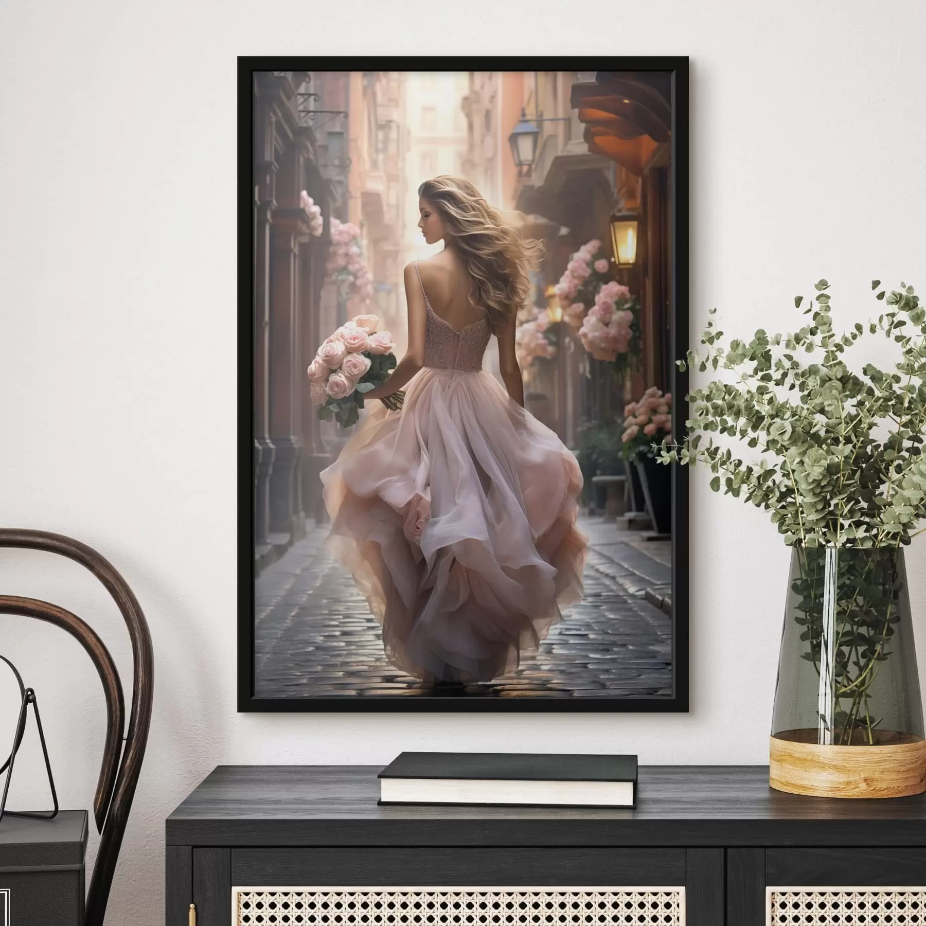 fotószőnyeg Rózsaszín ruhás nő sétál az utcán f47316