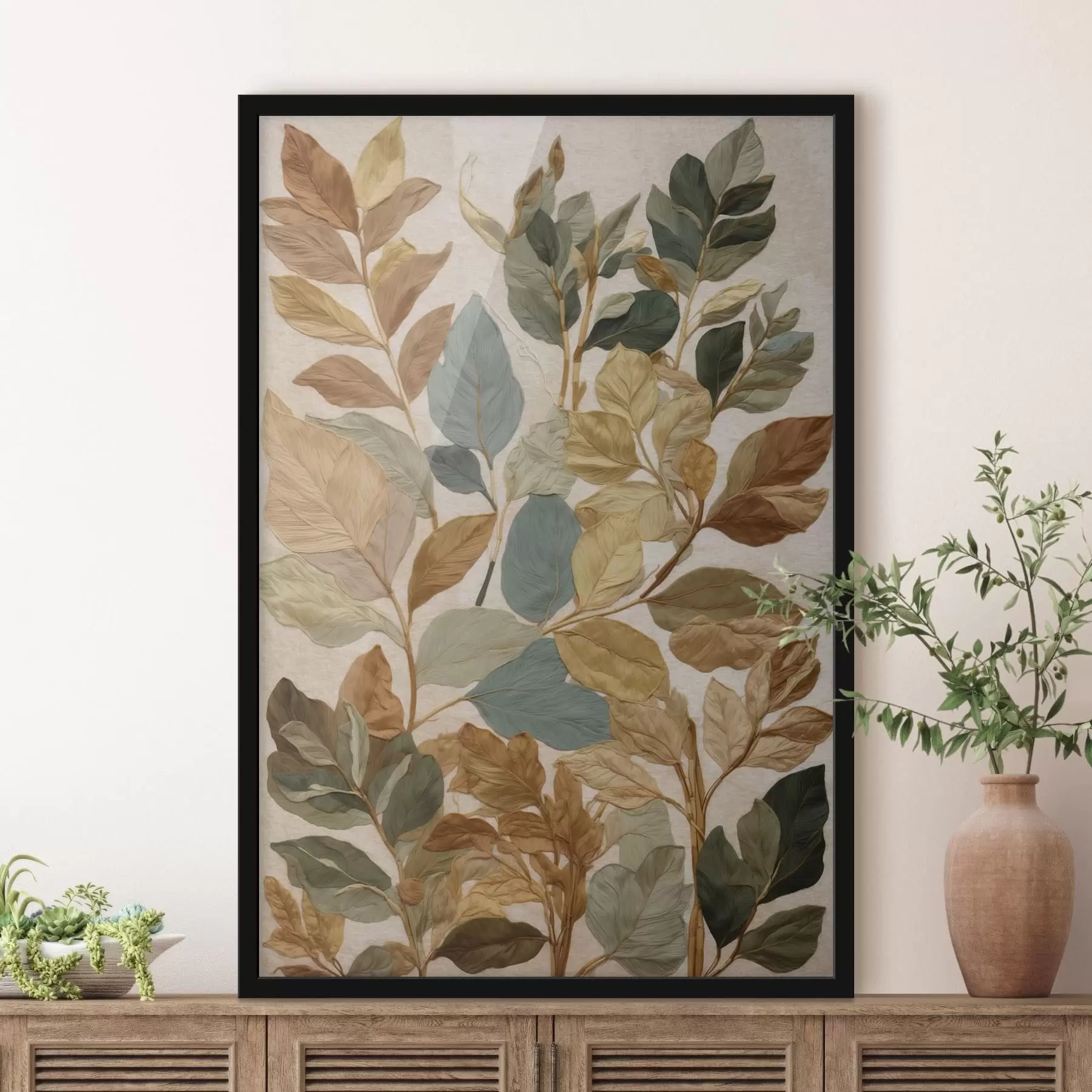 fotószőnyeg Dekoratív levelek meleg, természetes színpalettában f47759