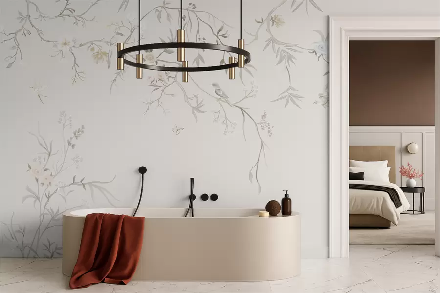 fotószőnyeg Finom virágok és madarak krétás háttér előtt w05127