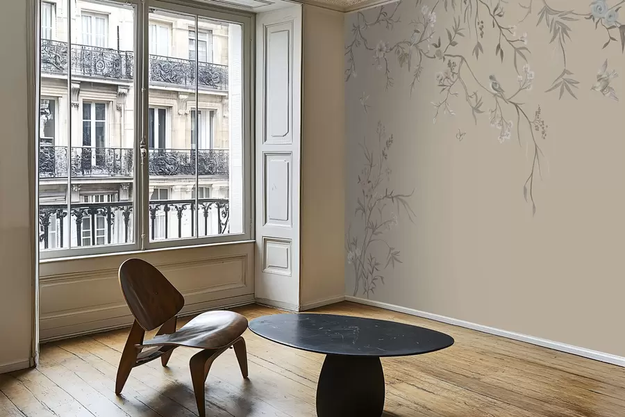 fotószőnyeg Virágos ágak madarakkal meleg bézs háttér előtt w05127v1