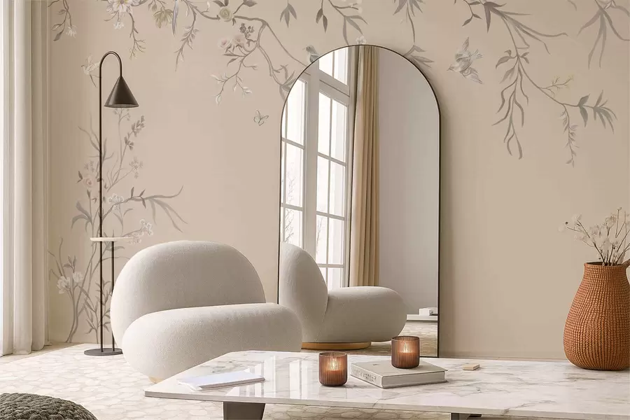 fotószőnyeg Virágos ágak madarakkal meleg bézs háttér előtt w05127v1