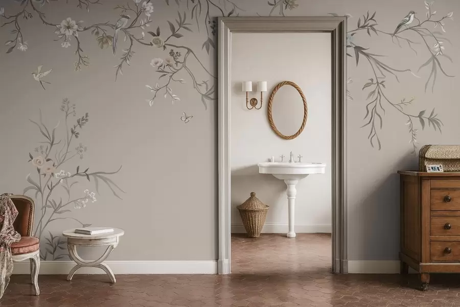 fotószőnyeg Virágdíszítés madarakkal semleges háttérrel w05127v3