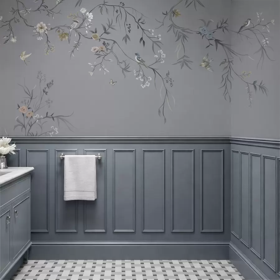 fotószőnyeg Virágos ágak madarakkal zöldes háttér előtt w05127v5