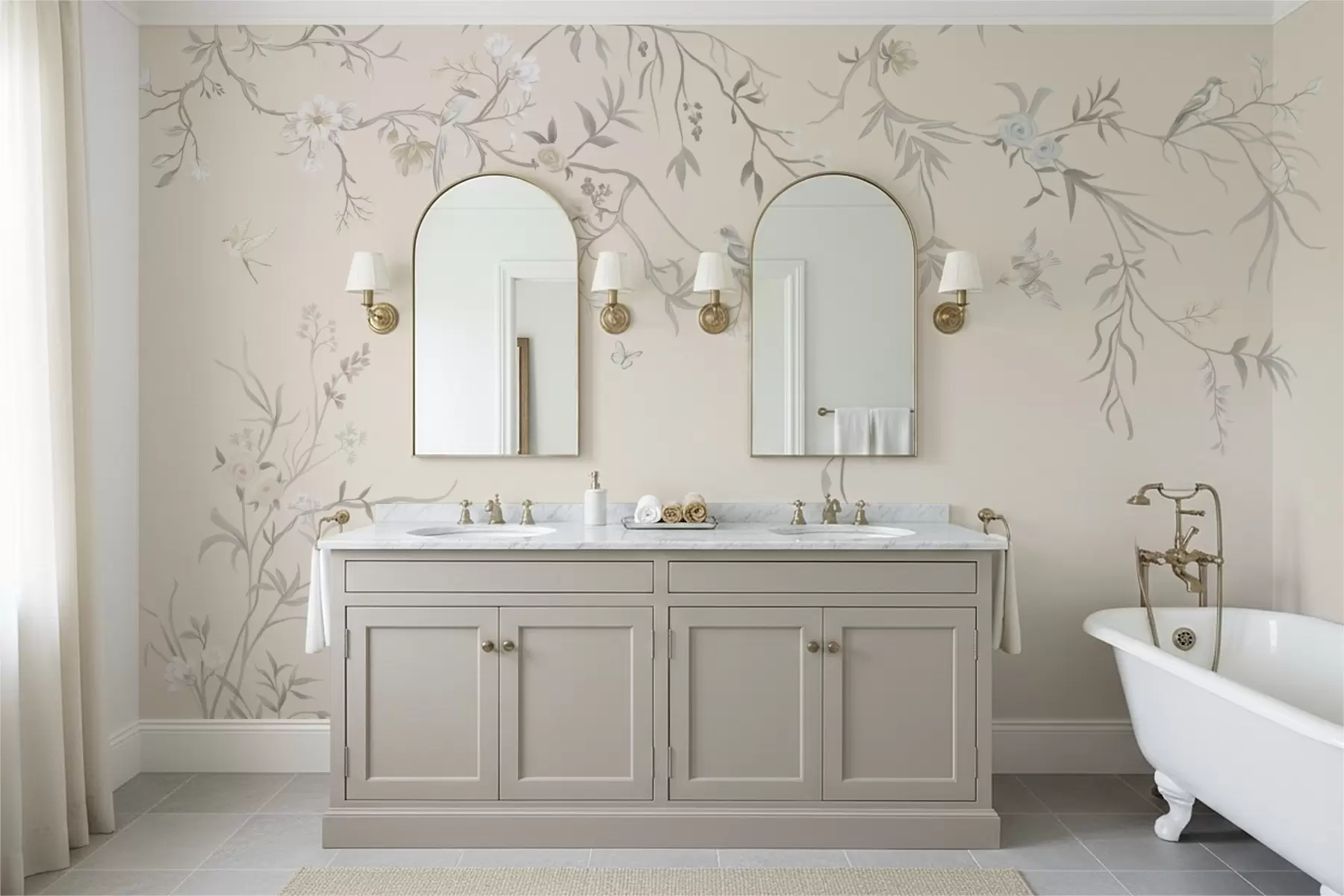 fotószőnyeg Virágos ágak madarakkal világos háttér előtt w05127v7