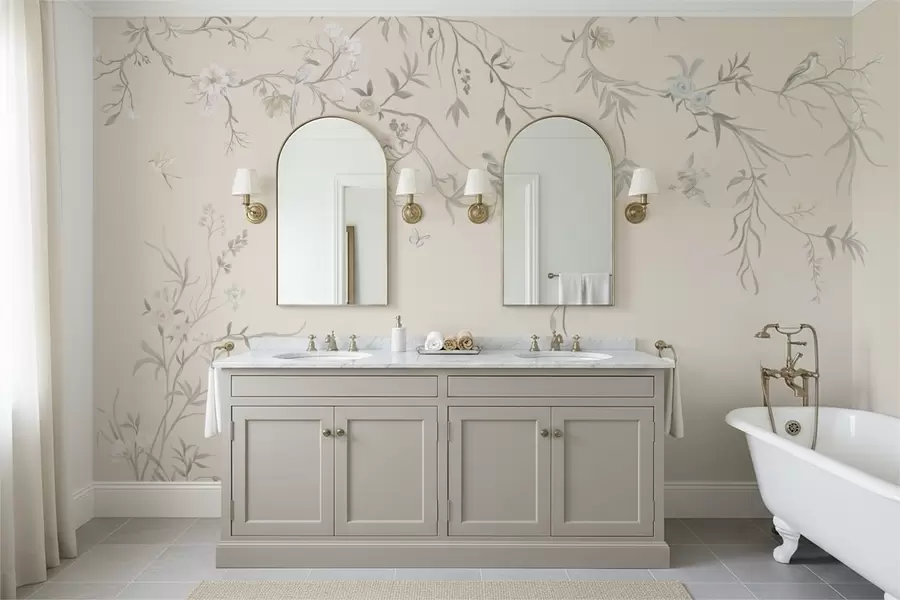 fotószőnyeg Virágos ágak madarakkal világos háttér előtt w05127v7