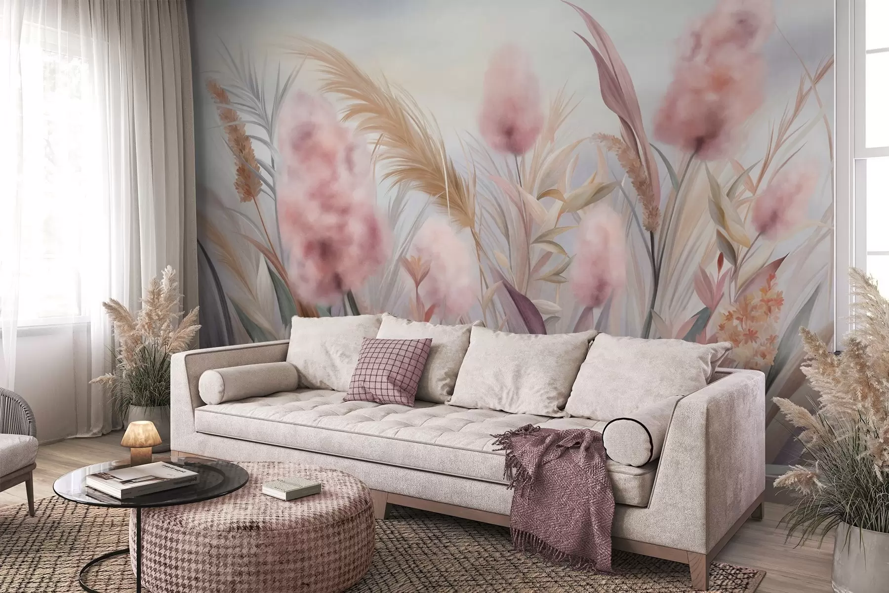fotószőnyeg Rózsaszín és bézs színű pampas fű és más szárított virágok, háttérben lágy, ködös égbolttal w09635