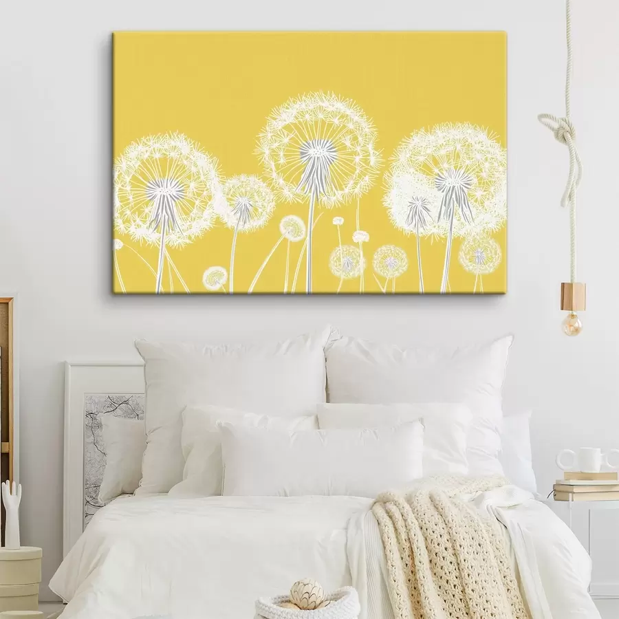 fotótapéta Fehér pitypangok sárga háttér előtt s47890