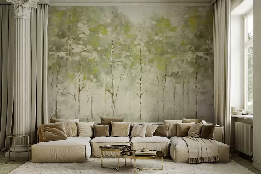 fotószőnyeg Stilizált erdő karcsú fákkal, zöld árnyalatokban w05221v1