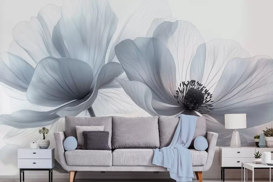 fotószőnyeg Áttetsző kékesfehér virágok világos háttér előtt w09720