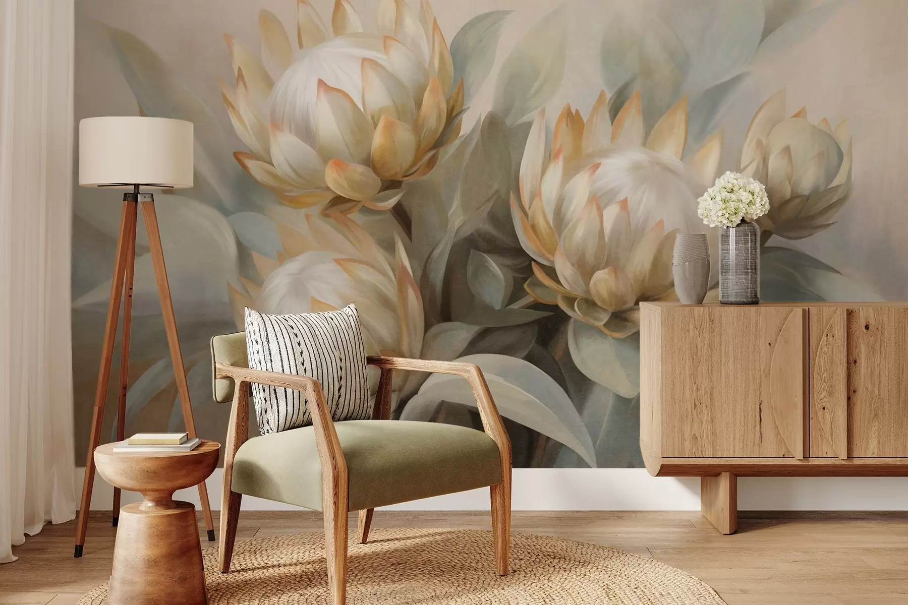 fotószőnyeg Texturált protea virágok zöld levelekkel és lágy, elmosódott háttérrel w09738