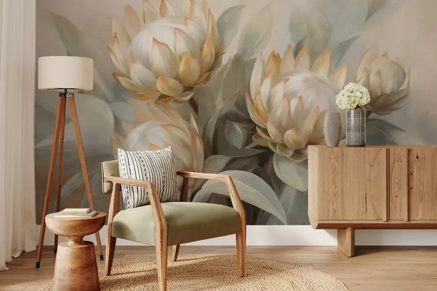 fotószőnyeg Texturált protea virágok zöld levelekkel és lágy, elmosódott háttérrel w09738