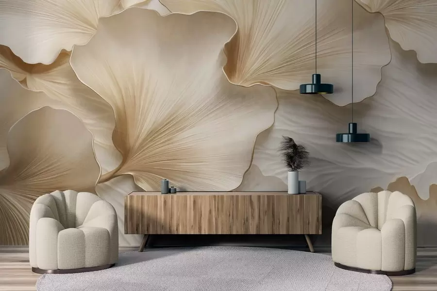 fotószőnyeg Texturált, bézs és fehér ginkgo levelek szirmok finom organikus nyomtatással w09741