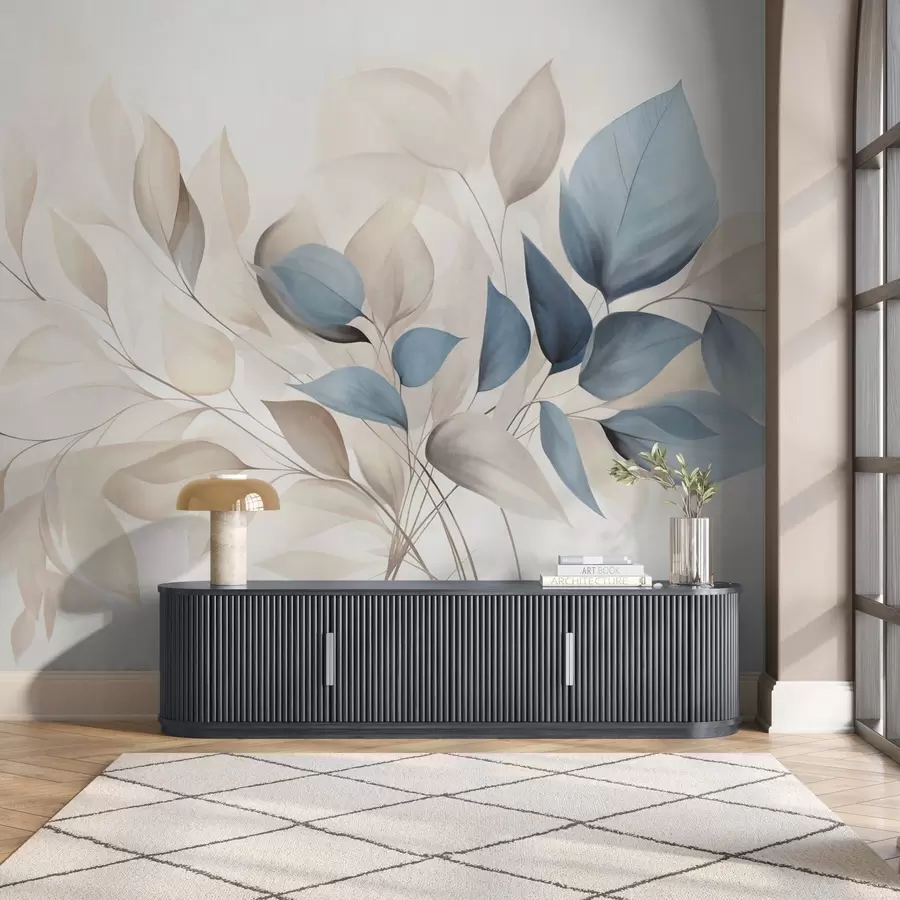 fotószőnyeg Absztrakt, áttetsző levelek kék, bézs és krém árnyalatokban, texturált művészet w09744