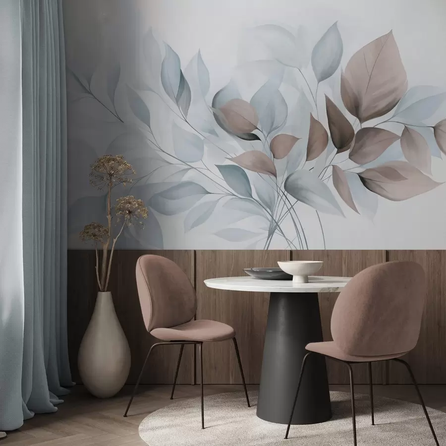 fotószőnyeg Absztrakt, áttetsző levelek kék, bézs és barna árnyalatokban, texturált művészet w09744v1