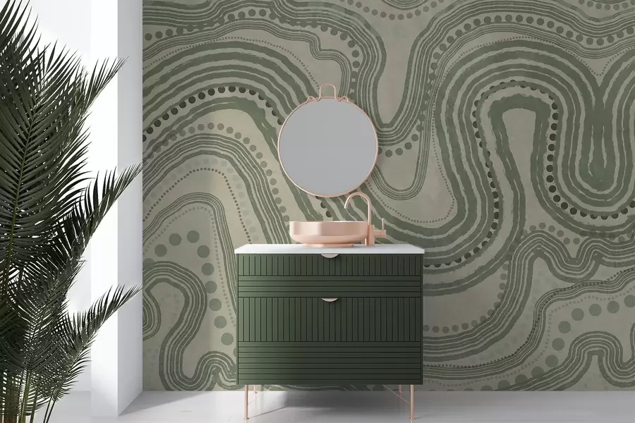 fotószőnyeg Absztrakt zöld és bézs hullámvonalak és pontok, modern texturált művészet w09747