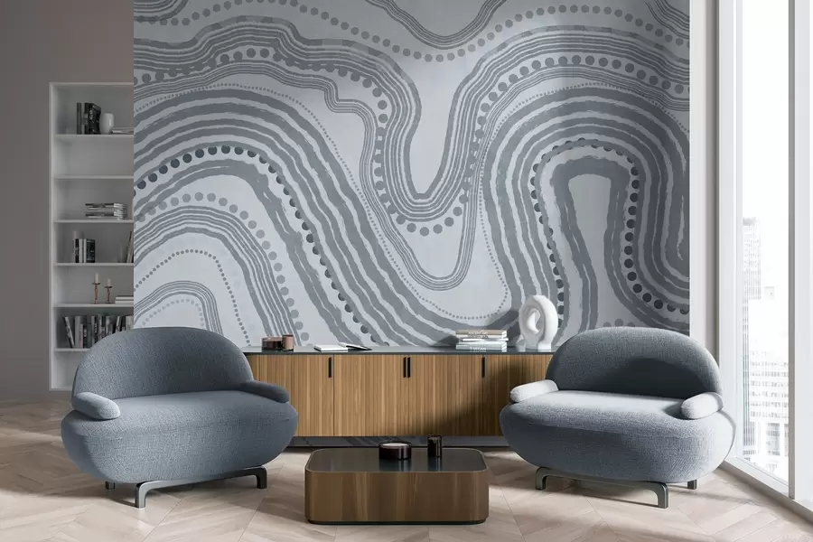 fotószőnyeg Absztrakt kék hullámvonalak és pontok, modern texturált művészet w09747v3