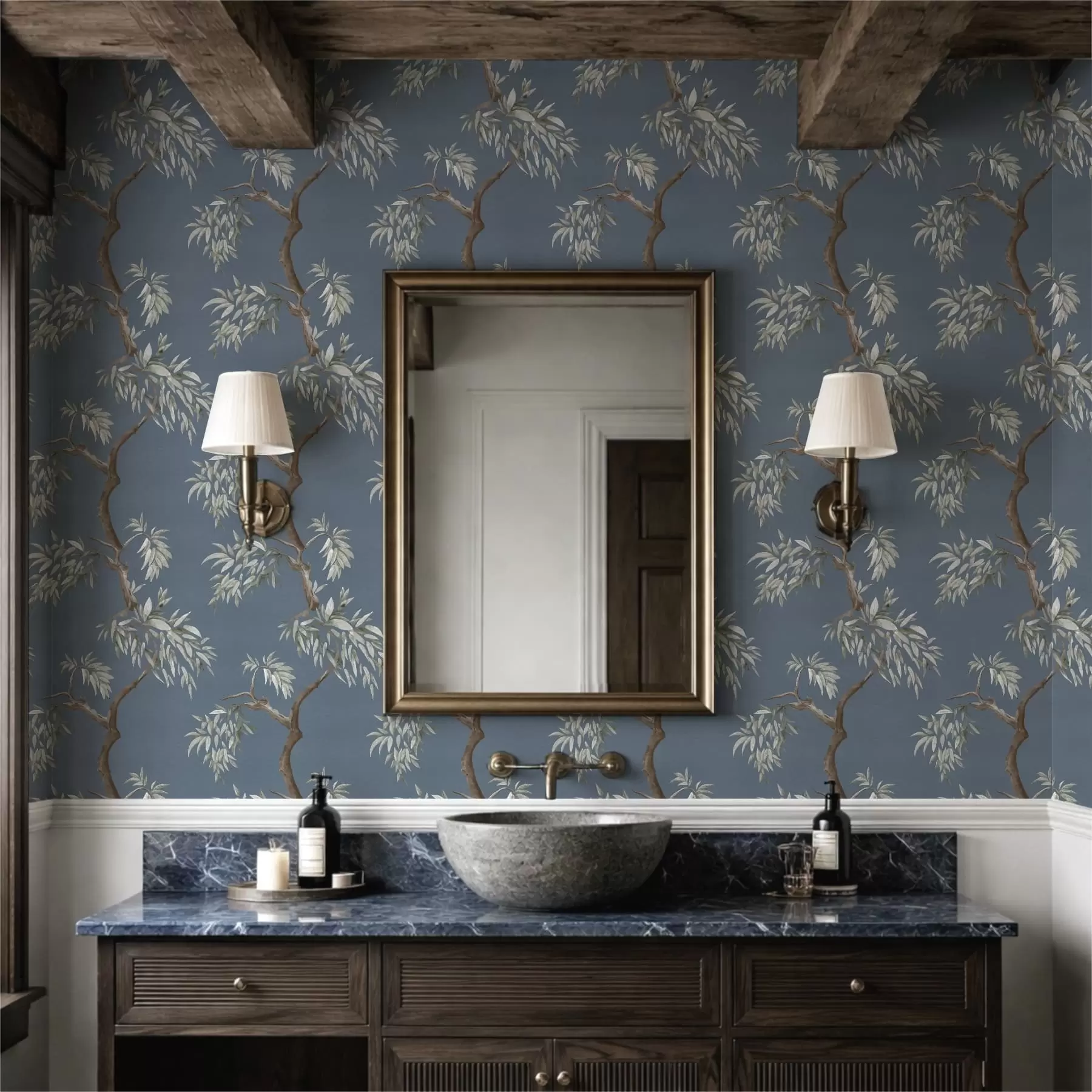 fotószőnyeg Faág levelekkel kék háttér előtt a01117