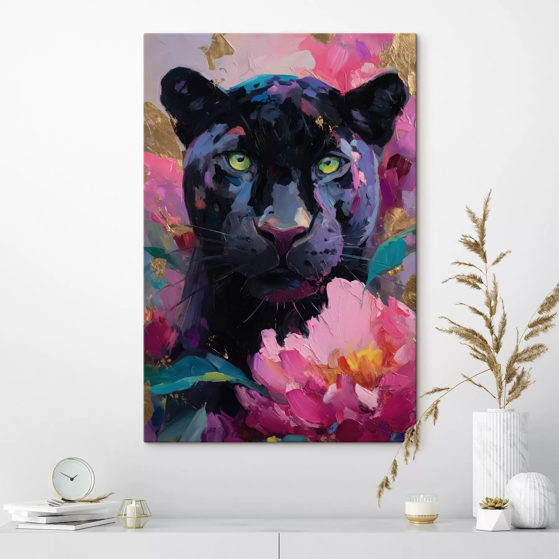 fotótapéta fekete párduc a pünkösdi rózsák között s47935