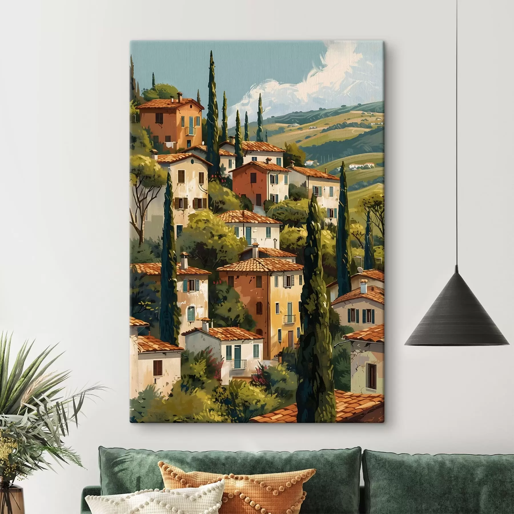 fotótapéta mediterrán domboldali falu, egymásra épült, meleg tónusú házak terrakotta tetővel s47950