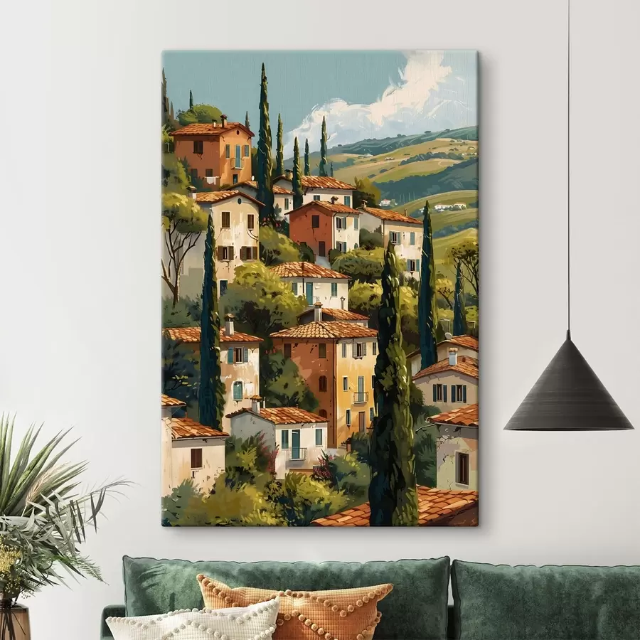 fotótapéta mediterrán domboldali falu, egymásra épült, meleg tónusú házak terrakotta tetővel s47950