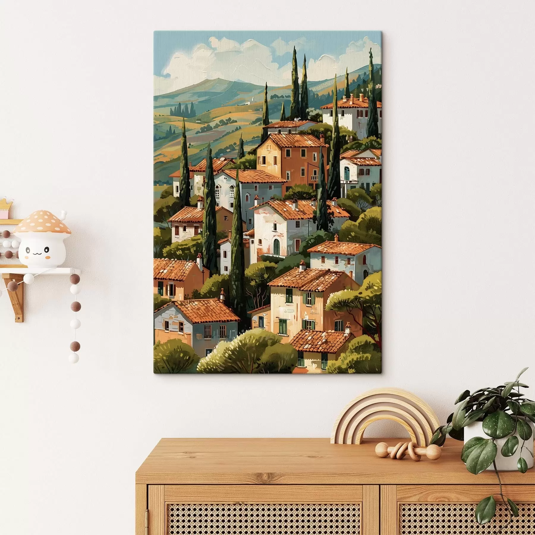 fotótapéta mediterrán domboldali falu, egymásra épült, meleg tónusú házak terrakotta tetővel s47951